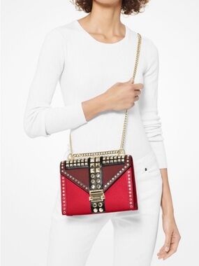 Stud-Embellished Red Shoulder Bag with Gold Chain